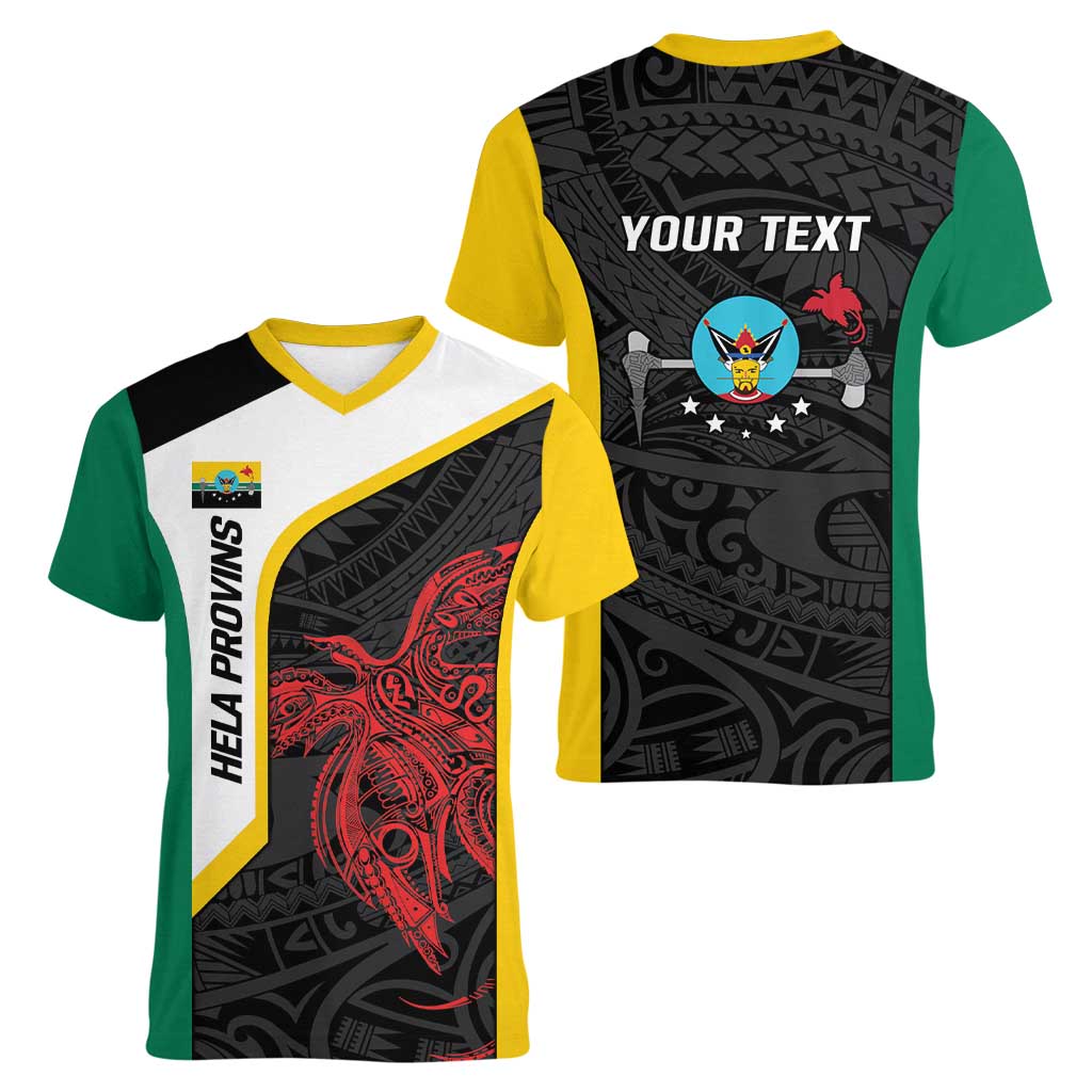 Personalised PNG Hela Province Women V-Neck T-Shirt Bird of Paradise Tattoo Flag Motif - Polynesian Pride