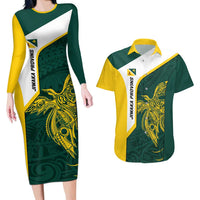 Personalised PNG Jiwaka Province Couples Matching Long Sleeve Bodycon Dress and Hawaiian Shirt Bird of Paradise Tattoo Flag Motif - Polynesian Pride