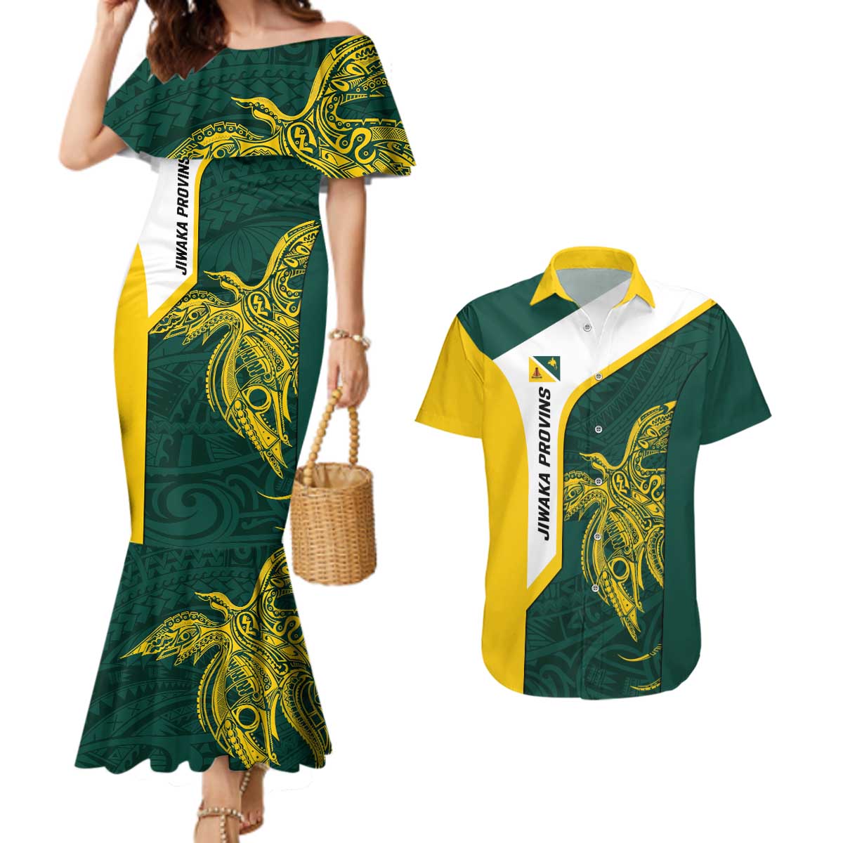 Personalised PNG Jiwaka Province Couples Matching Mermaid Dress and Hawaiian Shirt Bird of Paradise Tattoo Flag Motif - Polynesian Pride