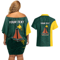 Personalised PNG Jiwaka Province Couples Matching Off Shoulder Short Dress and Hawaiian Shirt Bird of Paradise Tattoo Flag Motif - Polynesian Pride