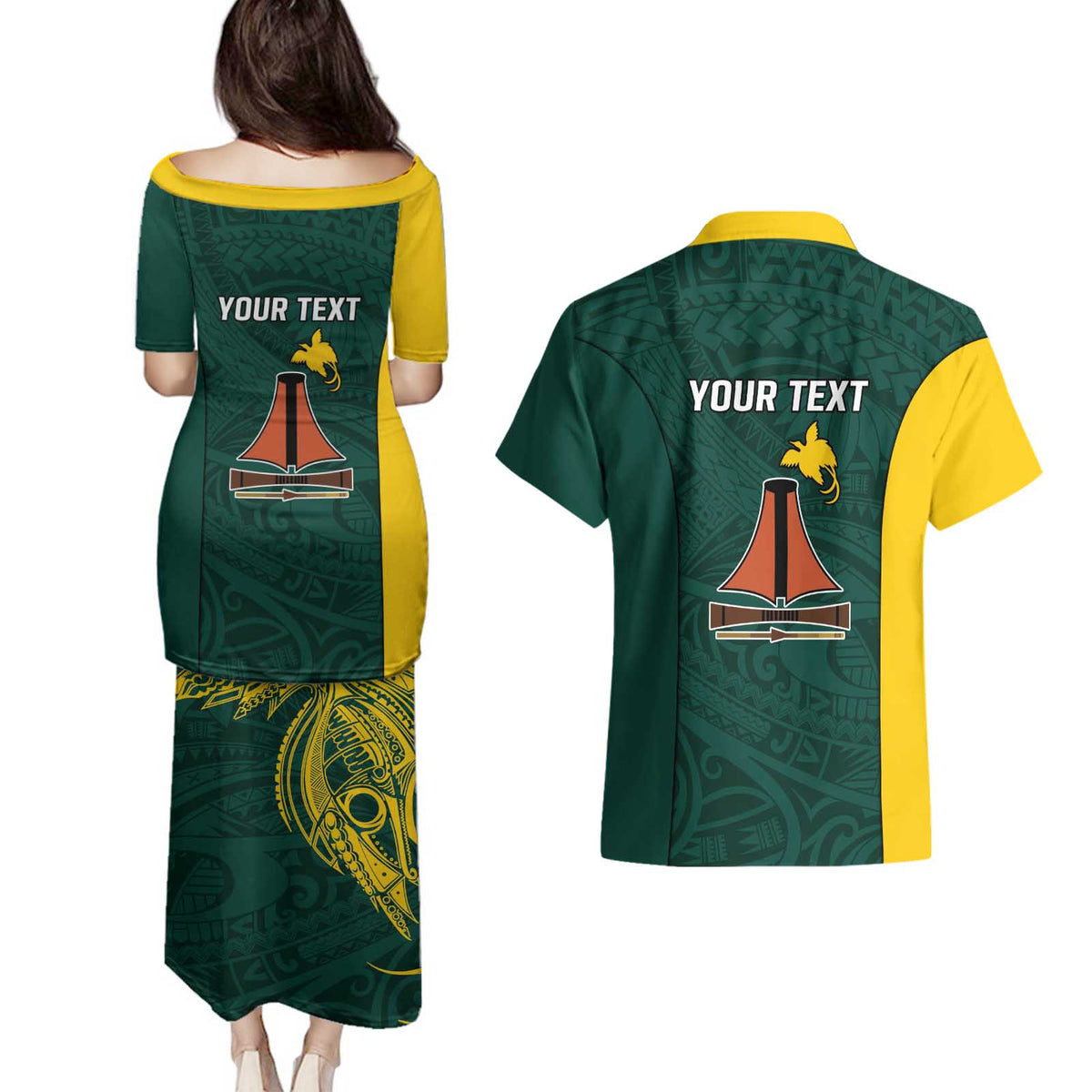 Personalised PNG Jiwaka Province Couples Matching Puletasi and Hawaiian Shirt Bird of Paradise Tattoo Flag Motif - Polynesian Pride