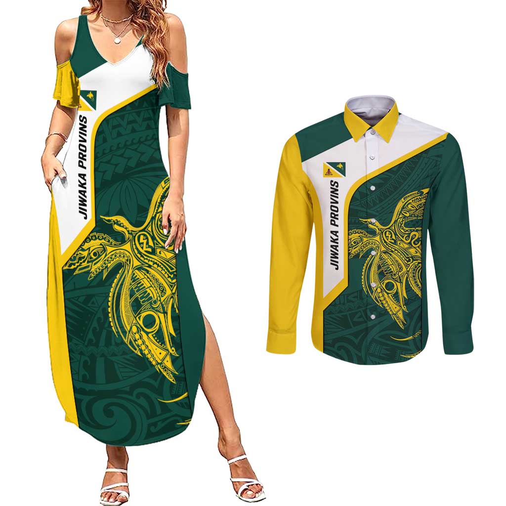 Personalised PNG Jiwaka Province Couples Matching Summer Maxi Dress and Long Sleeve Button Shirt Bird of Paradise Tattoo Flag Motif - Polynesian Pride
