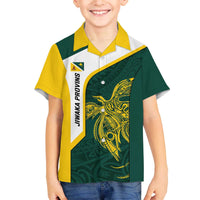 Personalised PNG Jiwaka Province Family Matching Off The Shoulder Long Sleeve Dress and Hawaiian Shirt Bird of Paradise Tattoo Flag Motif - Polynesian Pride