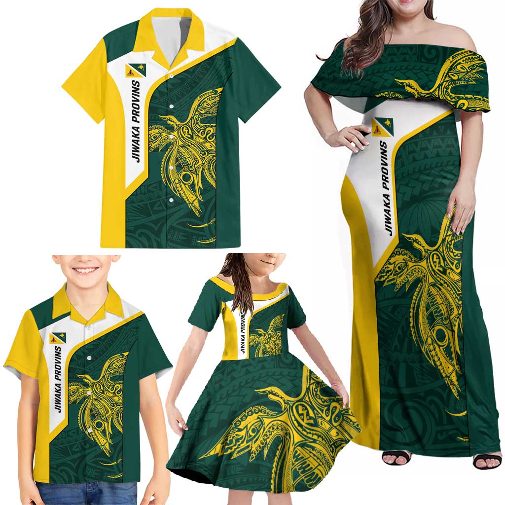 Personalised PNG Jiwaka Province Family Matching Off Shoulder Maxi Dress and Hawaiian Shirt Bird of Paradise Tattoo Flag Motif - Polynesian Pride