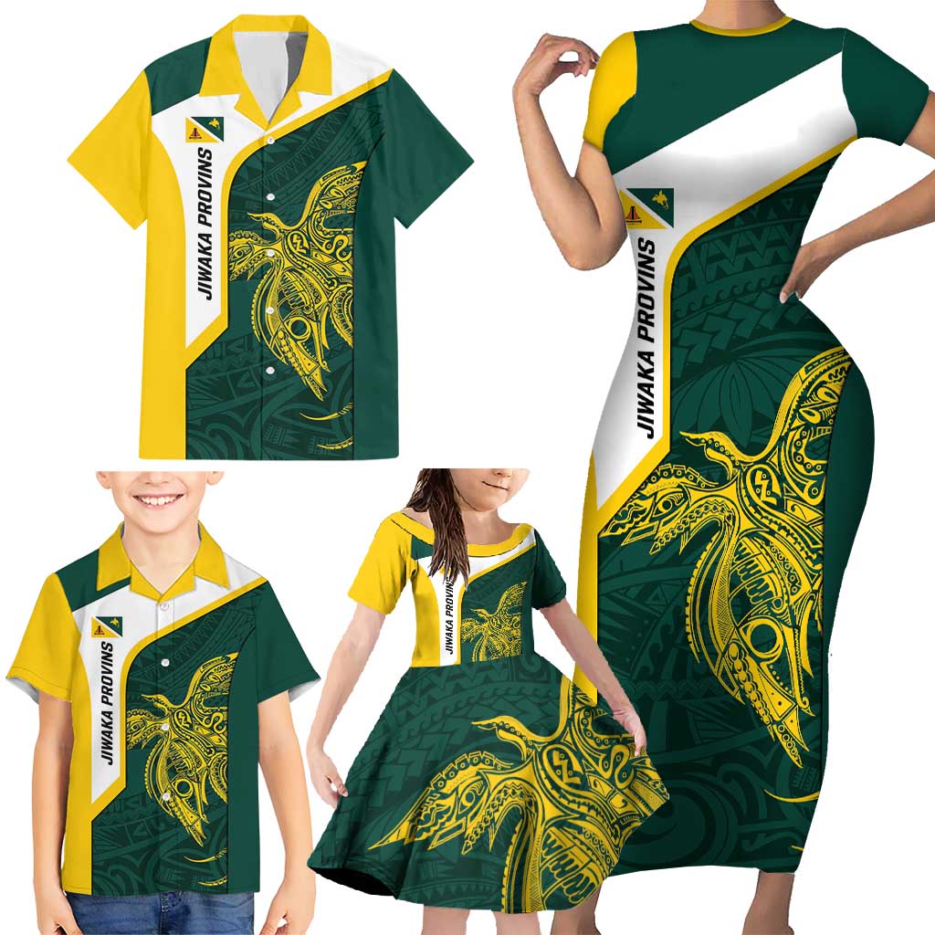 Personalised PNG Jiwaka Province Family Matching Short Sleeve Bodycon Dress and Hawaiian Shirt Bird of Paradise Tattoo Flag Motif - Polynesian Pride