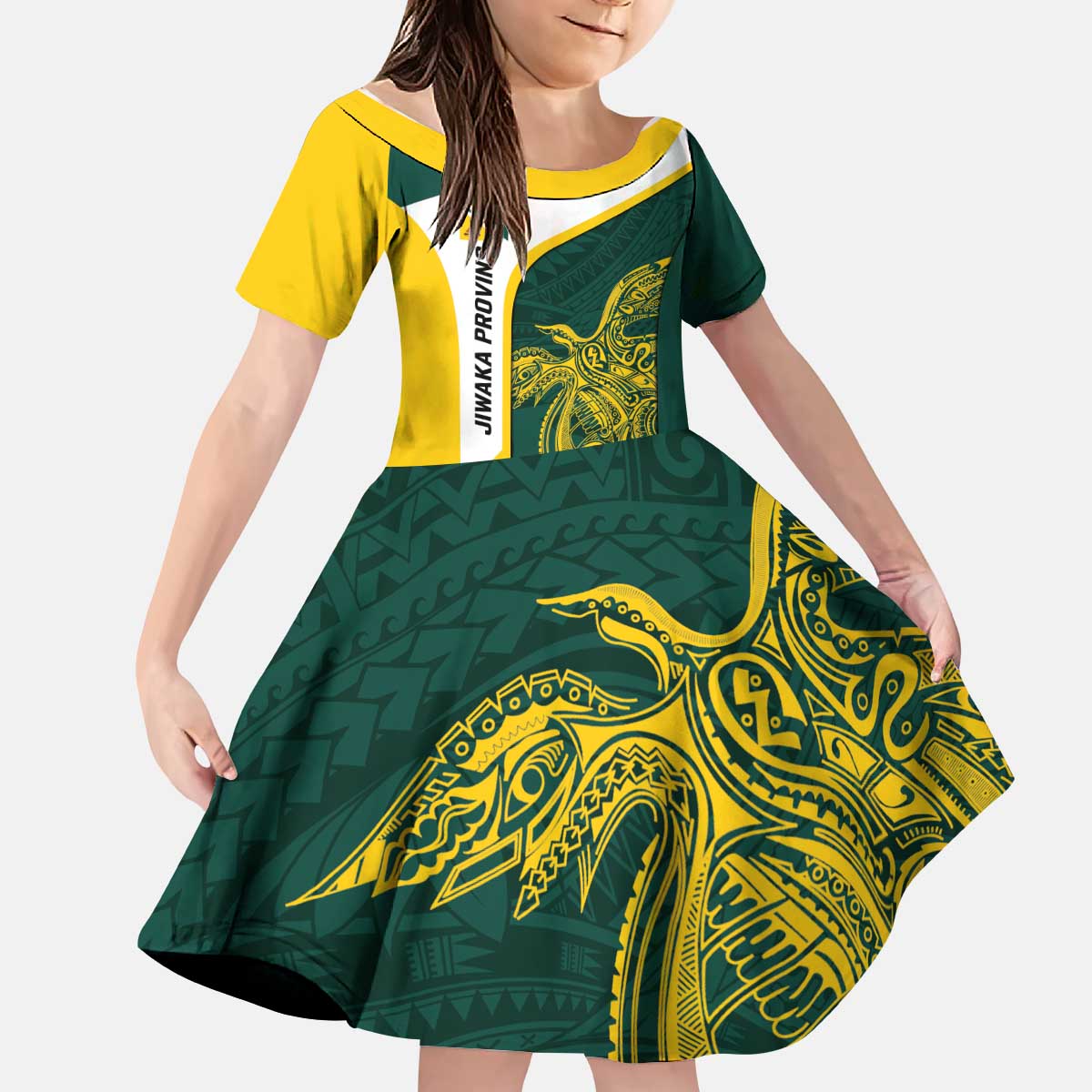 Personalised PNG Jiwaka Province Kid Short Sleeve Dress Bird of Paradise Tattoo Flag Motif - Polynesian Pride