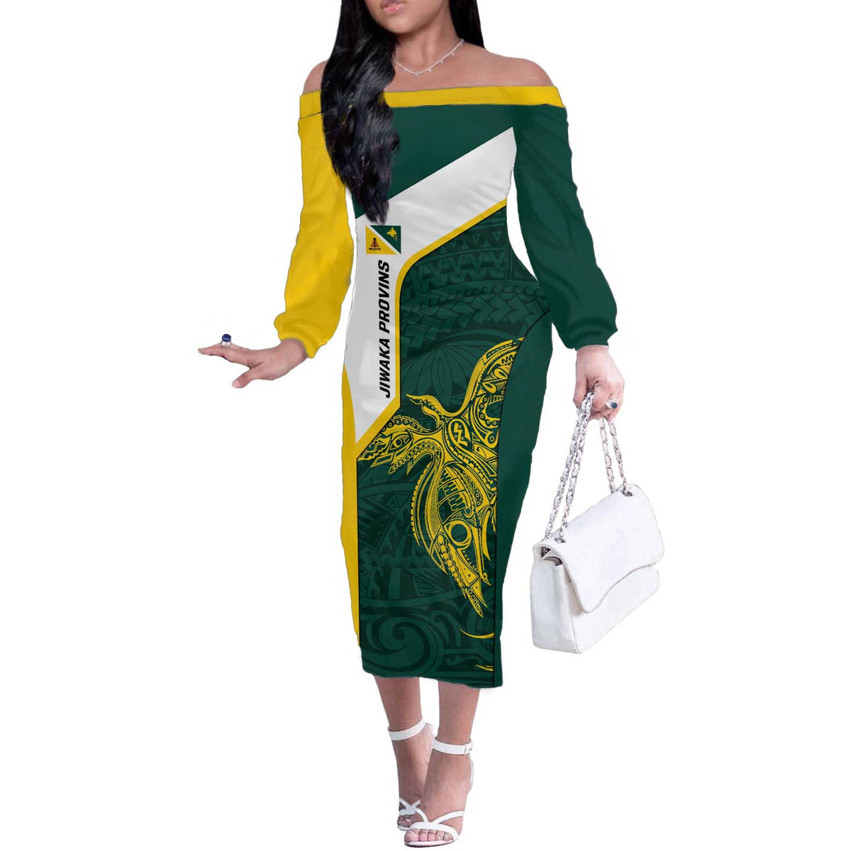 Personalised PNG Jiwaka Province Off The Shoulder Long Sleeve Dress Bird of Paradise Tattoo Flag Motif - Polynesian Pride