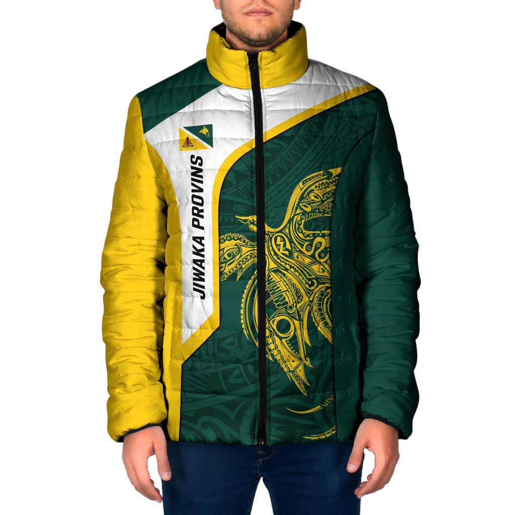 Personalised PNG Jiwaka Province Padded Jacket Bird of Paradise Tattoo Flag Motif LT9 Men Green - Polynesian Pride