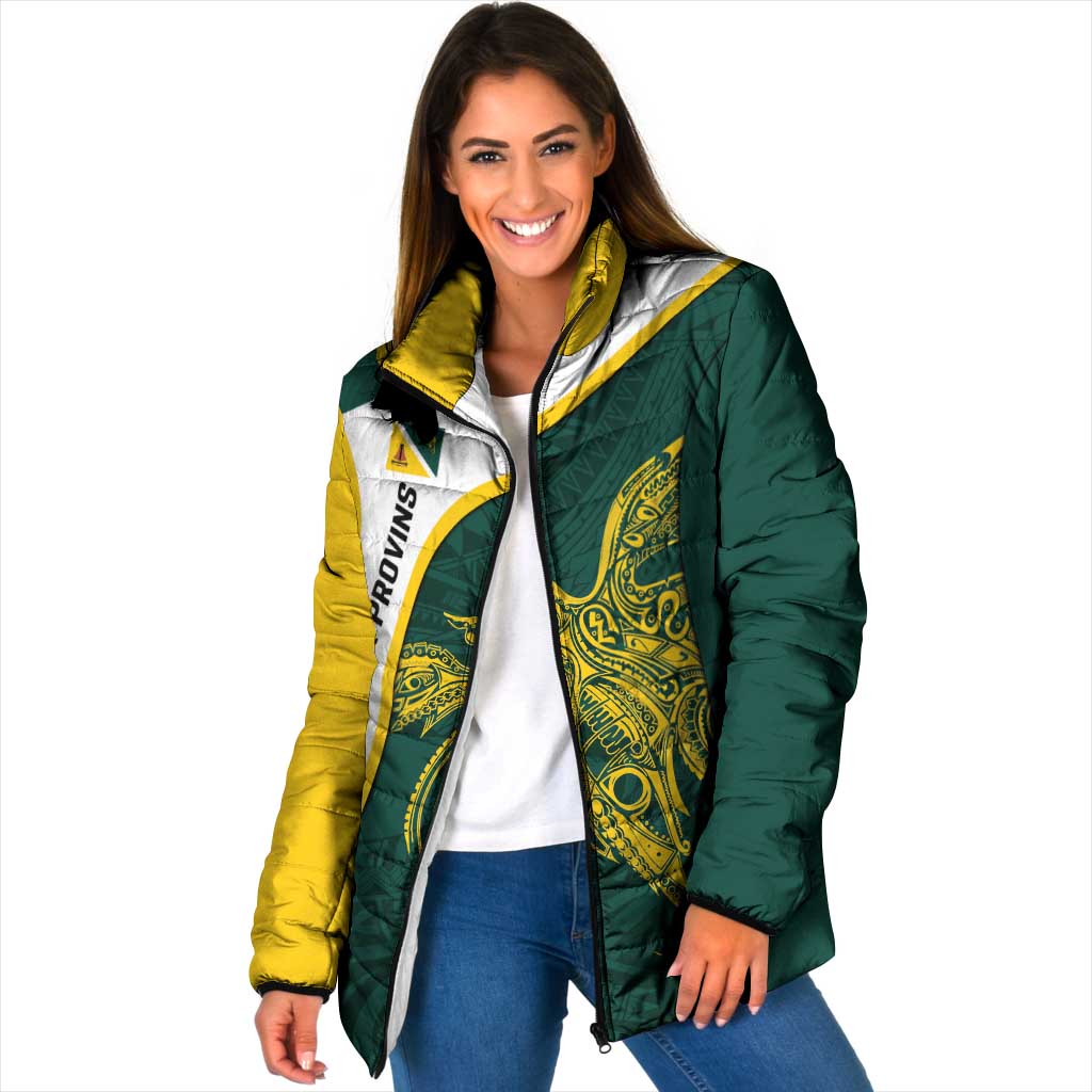Personalised PNG Jiwaka Province Padded Jacket Bird of Paradise Tattoo Flag Motif LT9 Women Green - Polynesian Pride