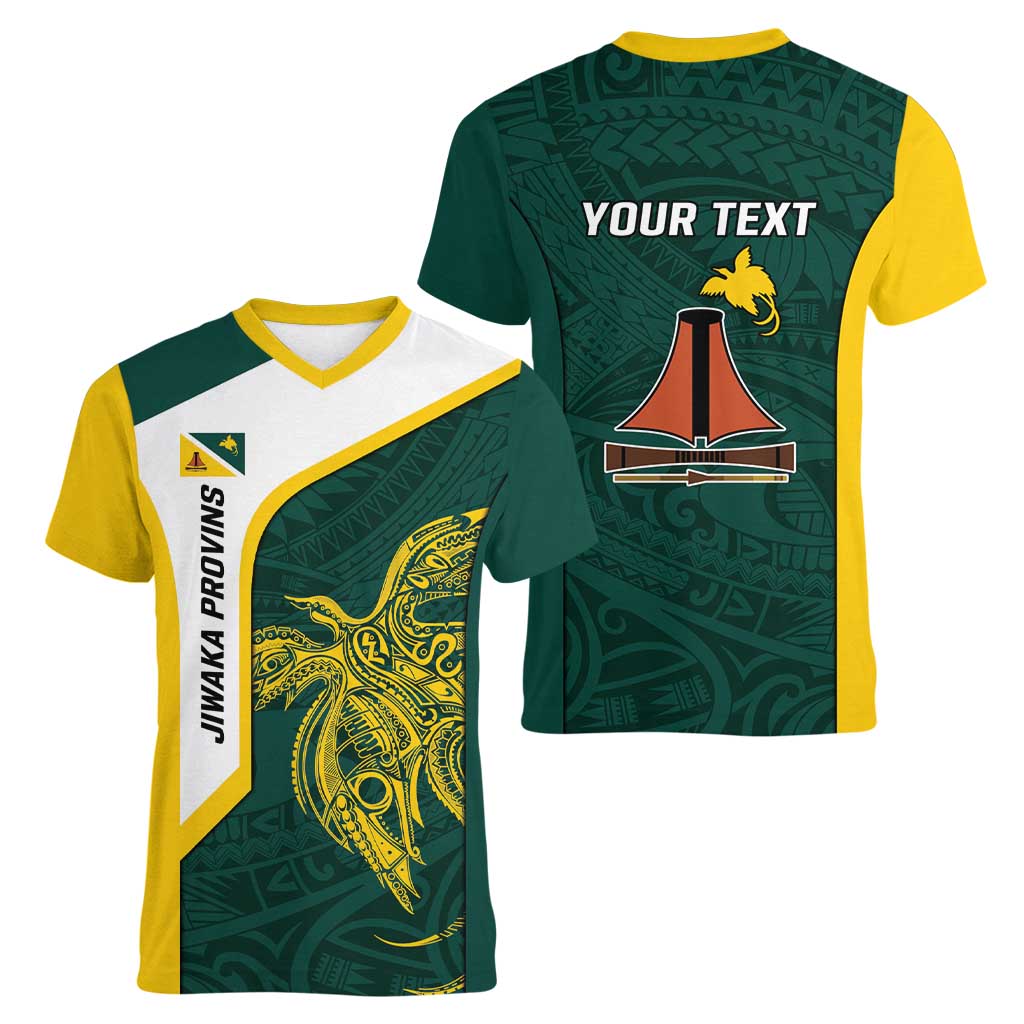 Personalised PNG Jiwaka Province Women V-Neck T-Shirt Bird of Paradise Tattoo Flag Motif - Polynesian Pride