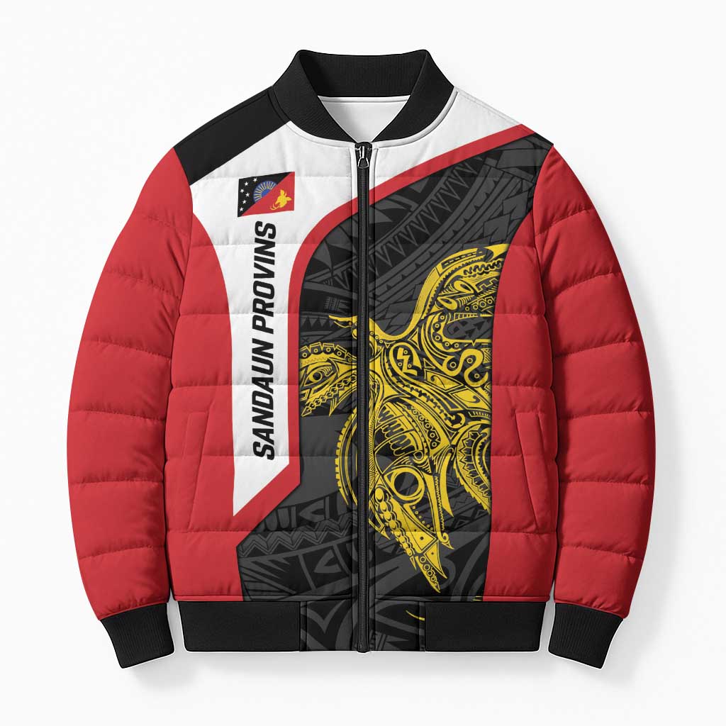 Personalised PNG Sandaun Province Bomber Puffer Jacket Bird of Paradise Tattoo Flag Motif - Polynesian Pride