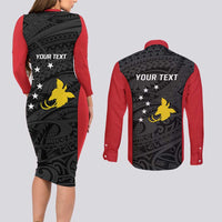 Personalised PNG Sandaun Province Couples Matching Long Sleeve Bodycon Dress and Long Sleeve Button Shirt Bird of Paradise Tattoo Flag Motif - Polynesian Pride