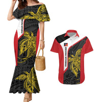 Personalised PNG Sandaun Province Couples Matching Mermaid Dress and Hawaiian Shirt Bird of Paradise Tattoo Flag Motif - Polynesian Pride