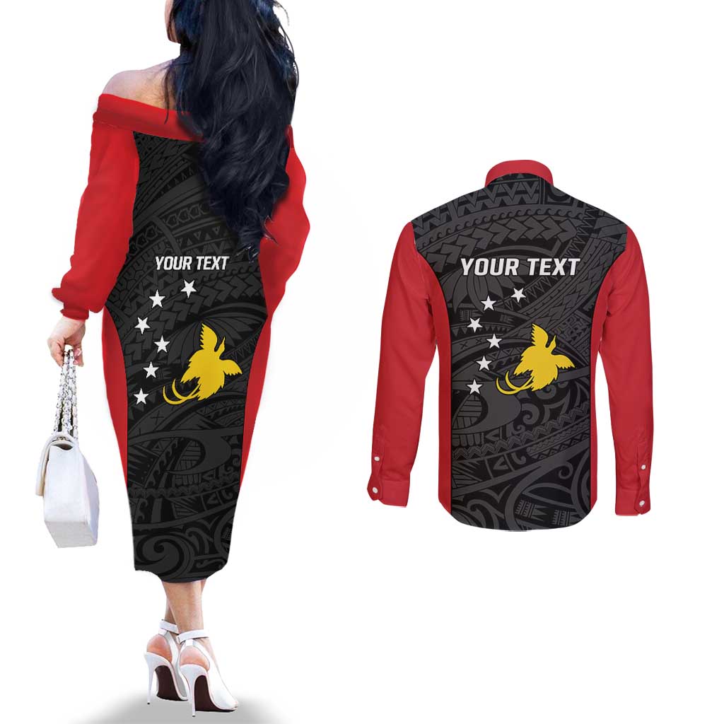 Personalised PNG Sandaun Province Couples Matching Off The Shoulder Long Sleeve Dress and Long Sleeve Button Shirt Bird of Paradise Tattoo Flag Motif - Polynesian Pride