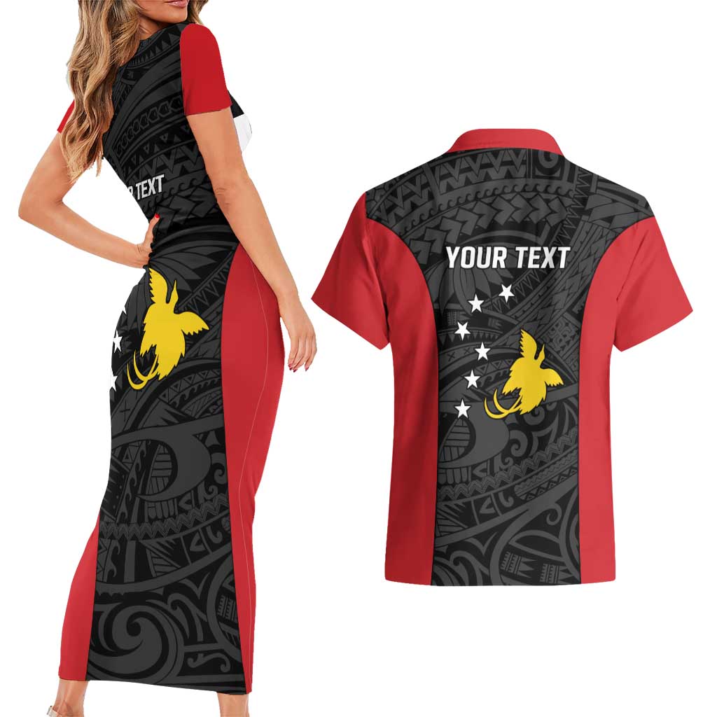 Personalised PNG Sandaun Province Couples Matching Short Sleeve Bodycon Dress and Hawaiian Shirt Bird of Paradise Tattoo Flag Motif - Polynesian Pride