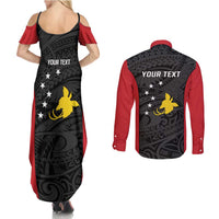 Personalised PNG Sandaun Province Couples Matching Summer Maxi Dress and Long Sleeve Button Shirt Bird of Paradise Tattoo Flag Motif - Polynesian Pride