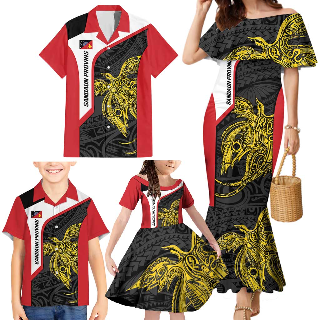 Personalised PNG Sandaun Province Family Matching Mermaid Dress and Hawaiian Shirt Bird of Paradise Tattoo Flag Motif - Polynesian Pride