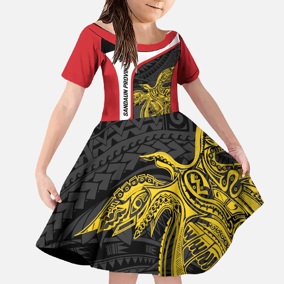 Personalised PNG Sandaun Province Family Matching Off The Shoulder Long Sleeve Dress and Hawaiian Shirt Bird of Paradise Tattoo Flag Motif - Polynesian Pride