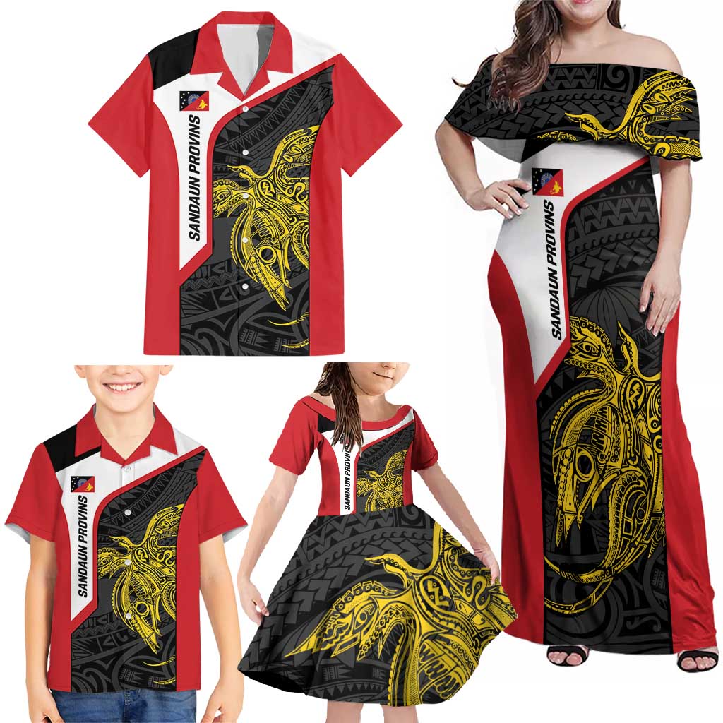 Personalised PNG Sandaun Province Family Matching Off Shoulder Maxi Dress and Hawaiian Shirt Bird of Paradise Tattoo Flag Motif - Polynesian Pride