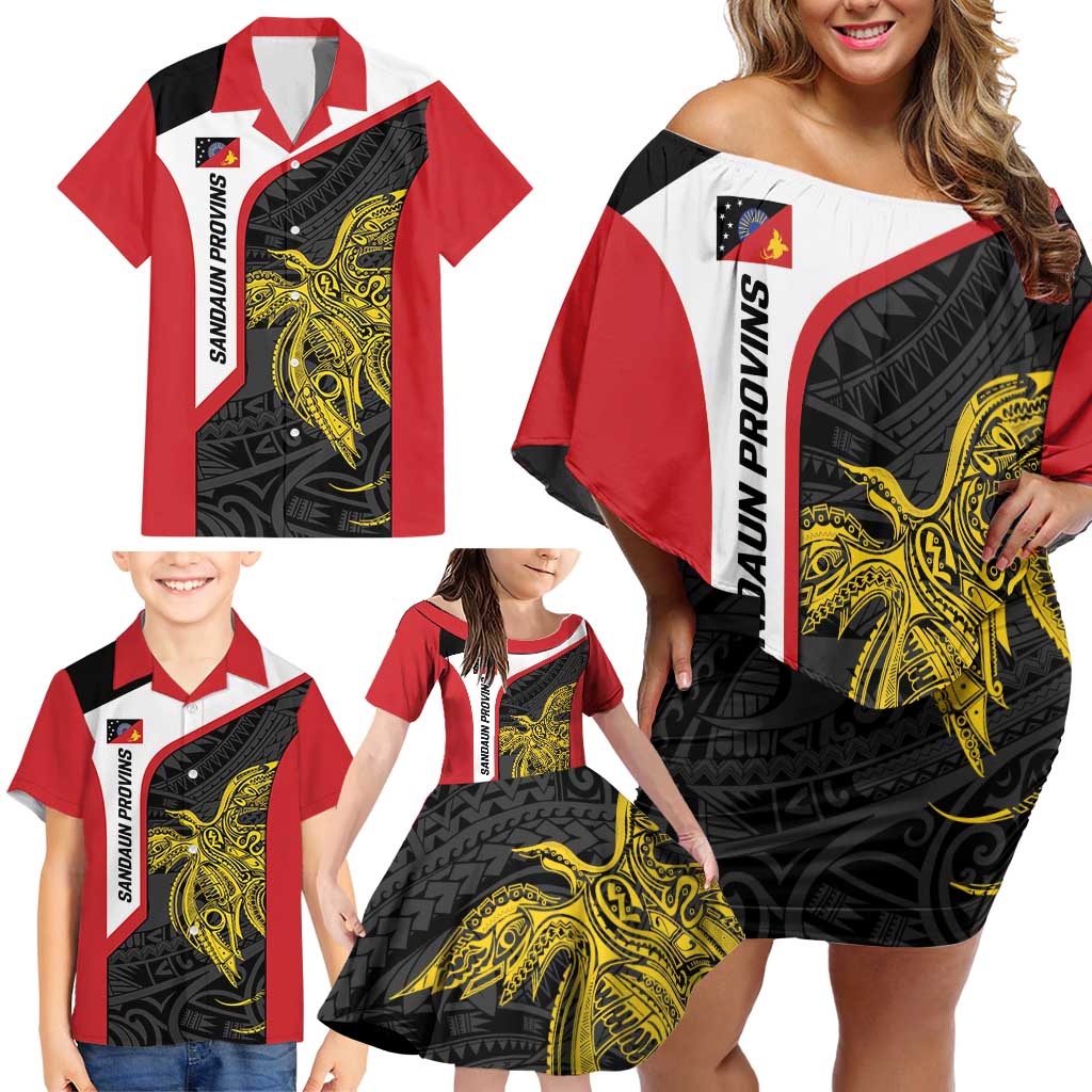 Personalised PNG Sandaun Province Family Matching Off Shoulder Short Dress and Hawaiian Shirt Bird of Paradise Tattoo Flag Motif - Polynesian Pride