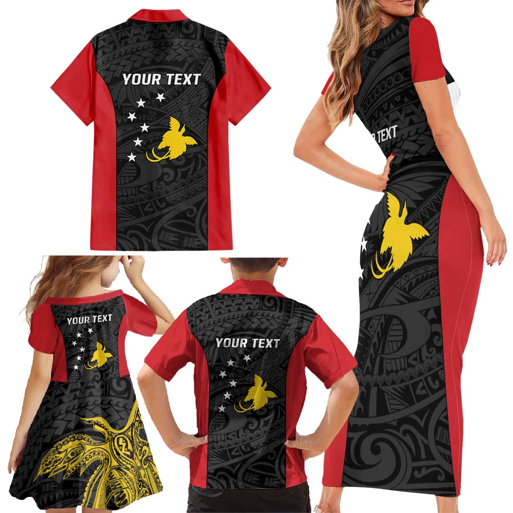 Personalised PNG Sandaun Province Family Matching Short Sleeve Bodycon Dress and Hawaiian Shirt Bird of Paradise Tattoo Flag Motif - Polynesian Pride