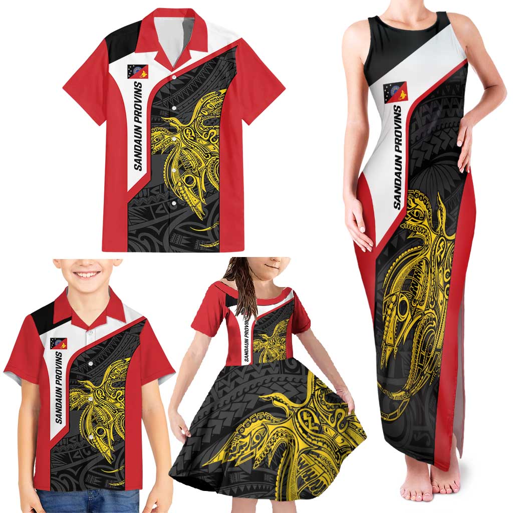 Personalised PNG Sandaun Province Family Matching Tank Maxi Dress and Hawaiian Shirt Bird of Paradise Tattoo Flag Motif - Polynesian Pride