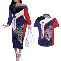 Personalised PNG West New Britain Province Couples Matching Off The Shoulder Long Sleeve Dress and Hawaiian Shirt Bird of Paradise Tattoo Flag Motif - Polynesian Pride