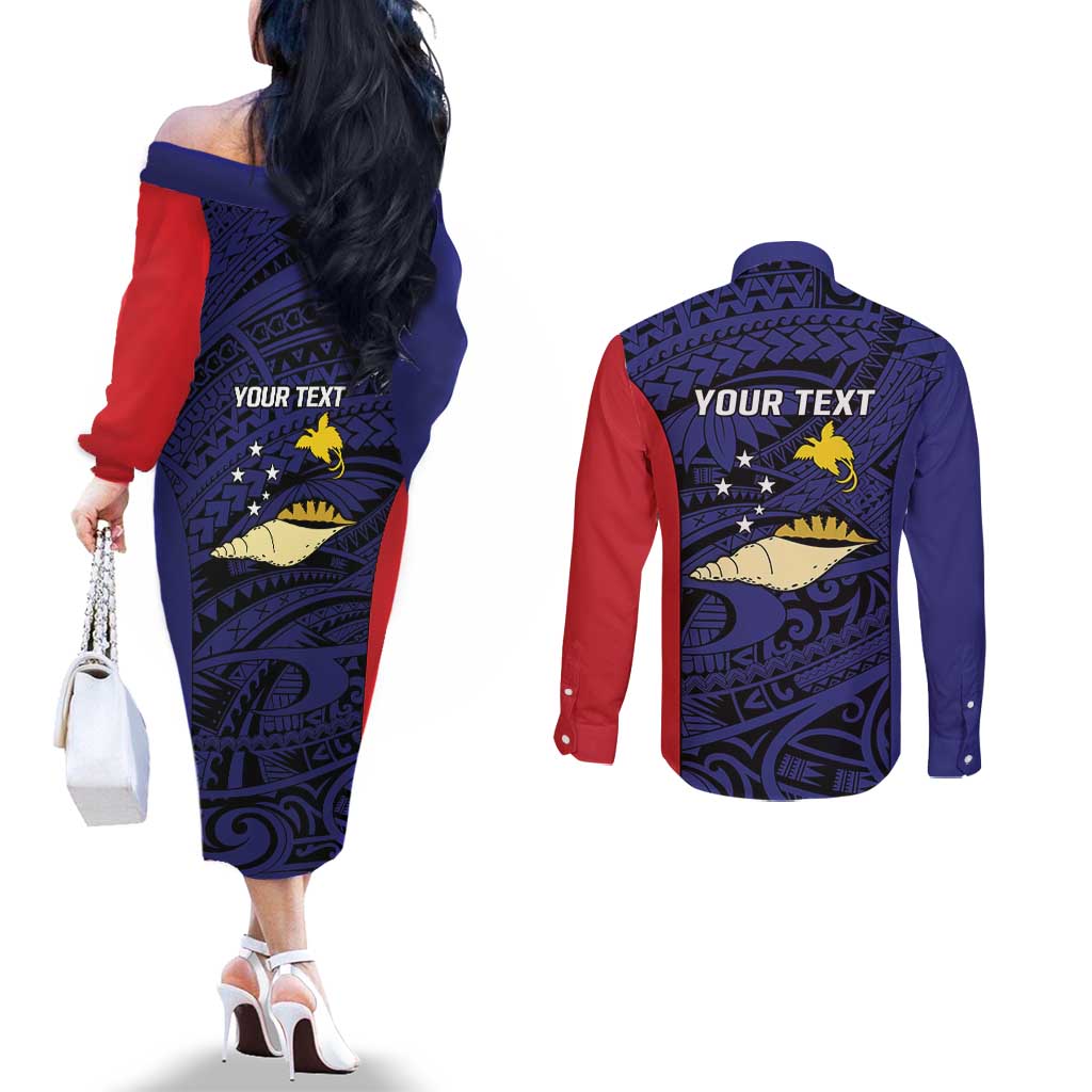 Personalised PNG West New Britain Province Couples Matching Off The Shoulder Long Sleeve Dress and Long Sleeve Button Shirt Bird of Paradise Tattoo Flag Motif - Polynesian Pride