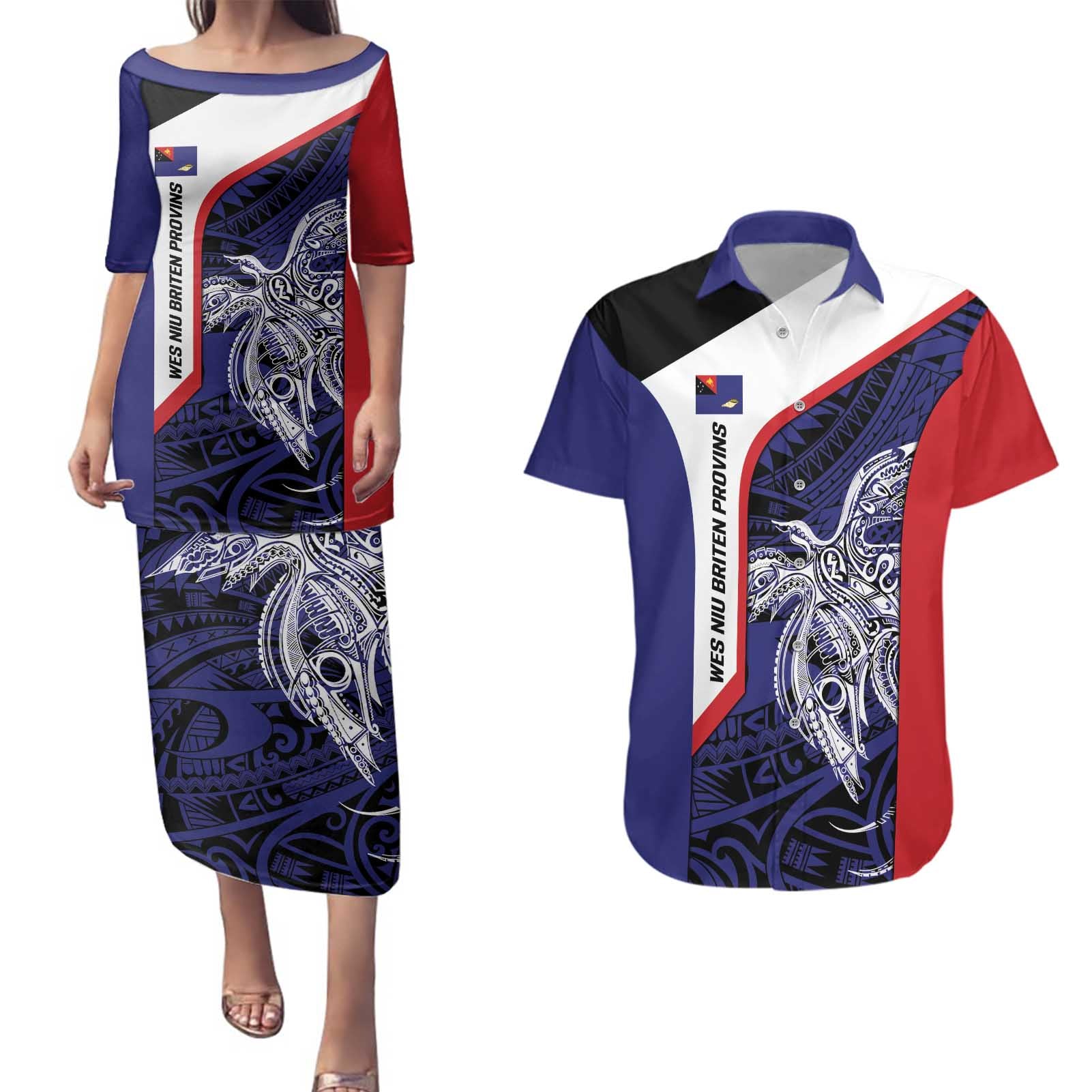 Personalised PNG West New Britain Province Couples Matching Puletasi and Hawaiian Shirt Bird of Paradise Tattoo Flag Motif - Polynesian Pride