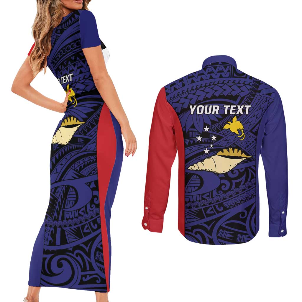 Personalised PNG West New Britain Province Couples Matching Short Sleeve Bodycon Dress and Long Sleeve Button Shirt Bird of Paradise Tattoo Flag Motif - Polynesian Pride