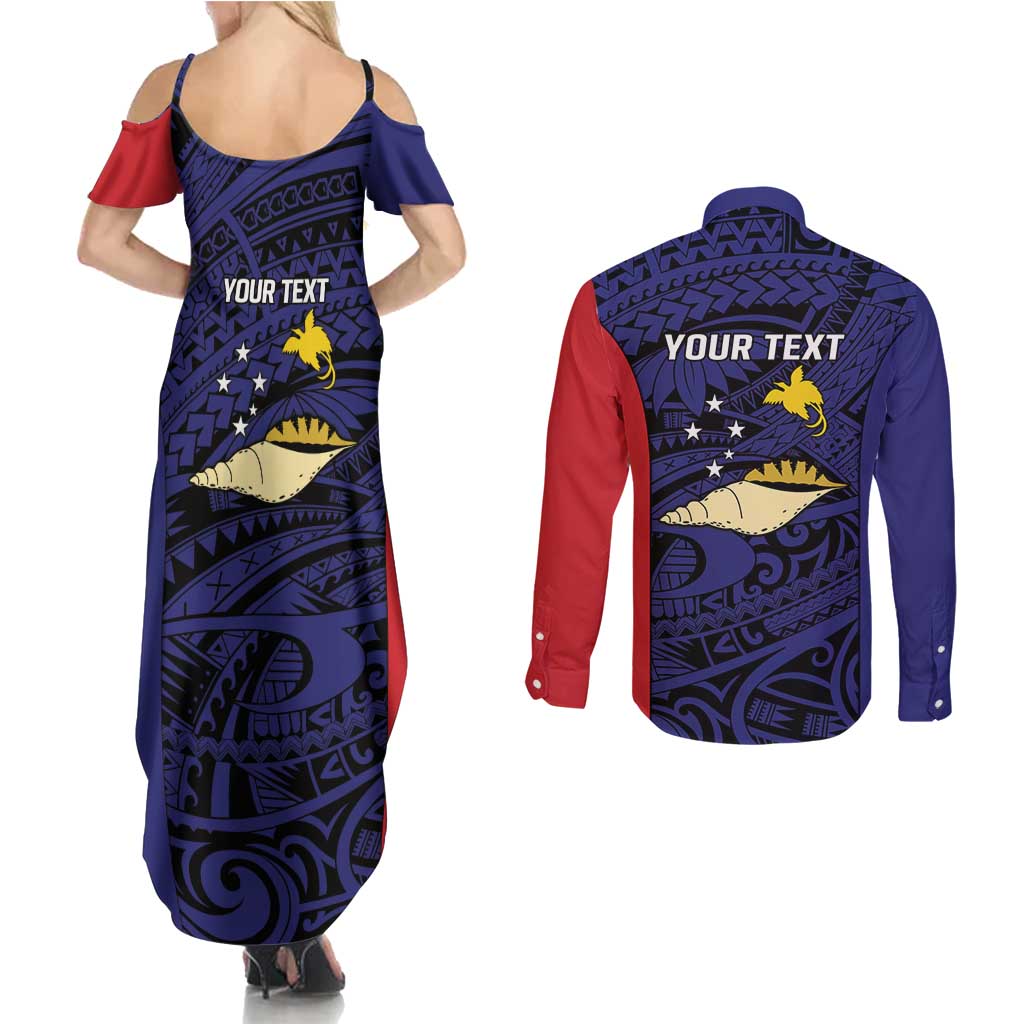 Personalised PNG West New Britain Province Couples Matching Summer Maxi Dress and Long Sleeve Button Shirt Bird of Paradise Tattoo Flag Motif - Polynesian Pride