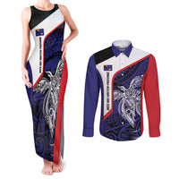 Personalised PNG West New Britain Province Couples Matching Tank Maxi Dress and Long Sleeve Button Shirt Bird of Paradise Tattoo Flag Motif LT9 Blue - Polynesian Pride