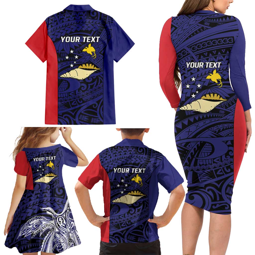 Personalised PNG West New Britain Province Family Matching Long Sleeve Bodycon Dress and Hawaiian Shirt Bird of Paradise Tattoo Flag Motif - Polynesian Pride