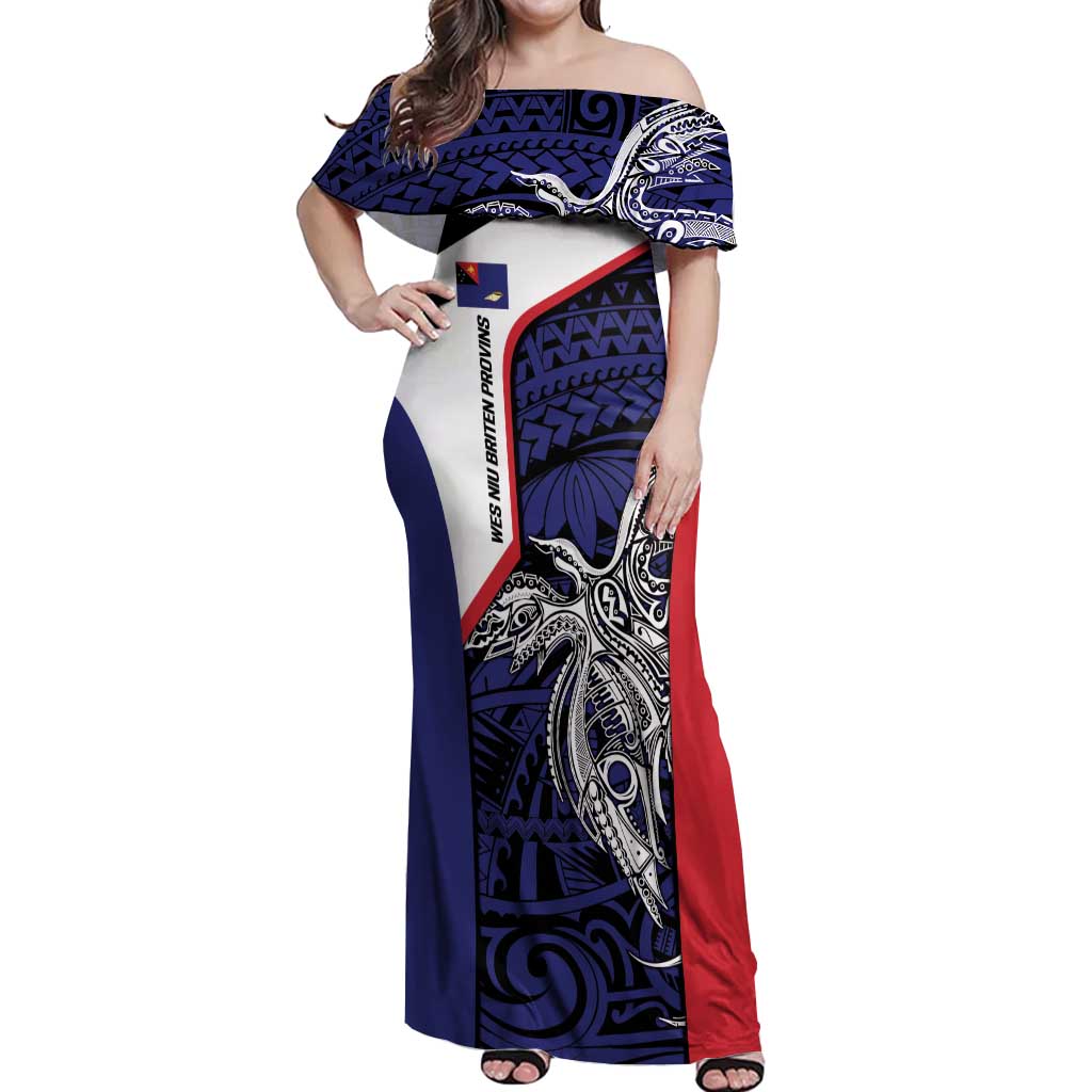 Personalised PNG West New Britain Province Off Shoulder Maxi Dress Bird of Paradise Tattoo Flag Motif - Polynesian Pride