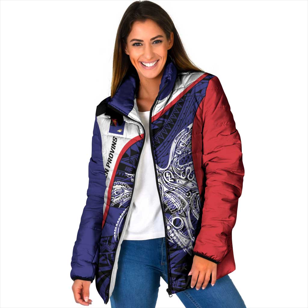 Personalised PNG West New Britain Province Padded Jacket Bird of Paradise Tattoo Flag Motif LT9 Women Blue - Polynesian Pride