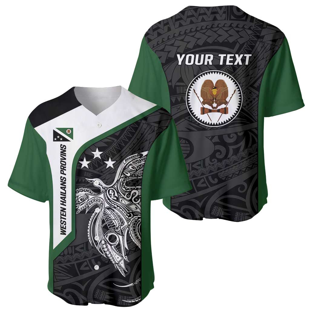 Personalised PNG Western Highlands Province Baseball Jersey Bird of Paradise Tattoo Flag Motif - Polynesian Pride