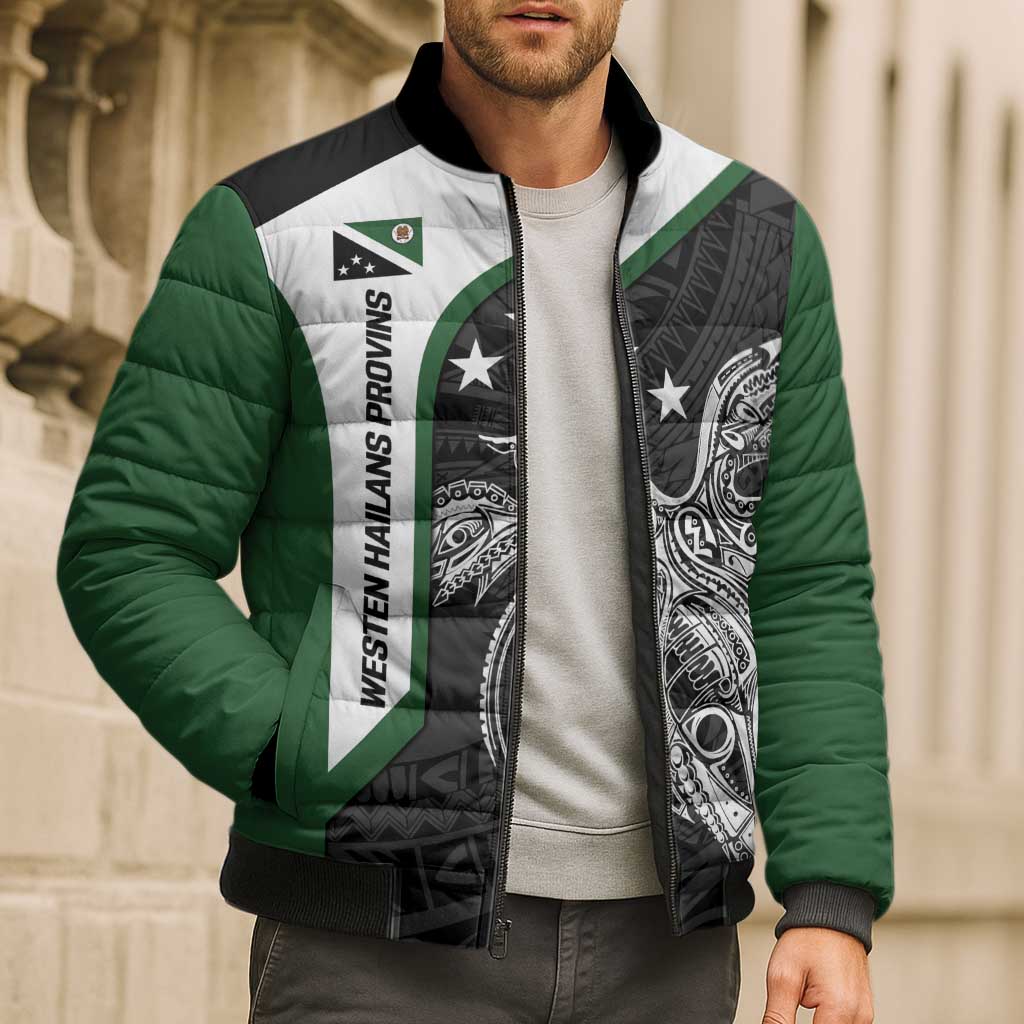 Personalised PNG Western Highlands Province Bomber Puffer Jacket Bird of Paradise Tattoo Flag Motif - Polynesian Pride