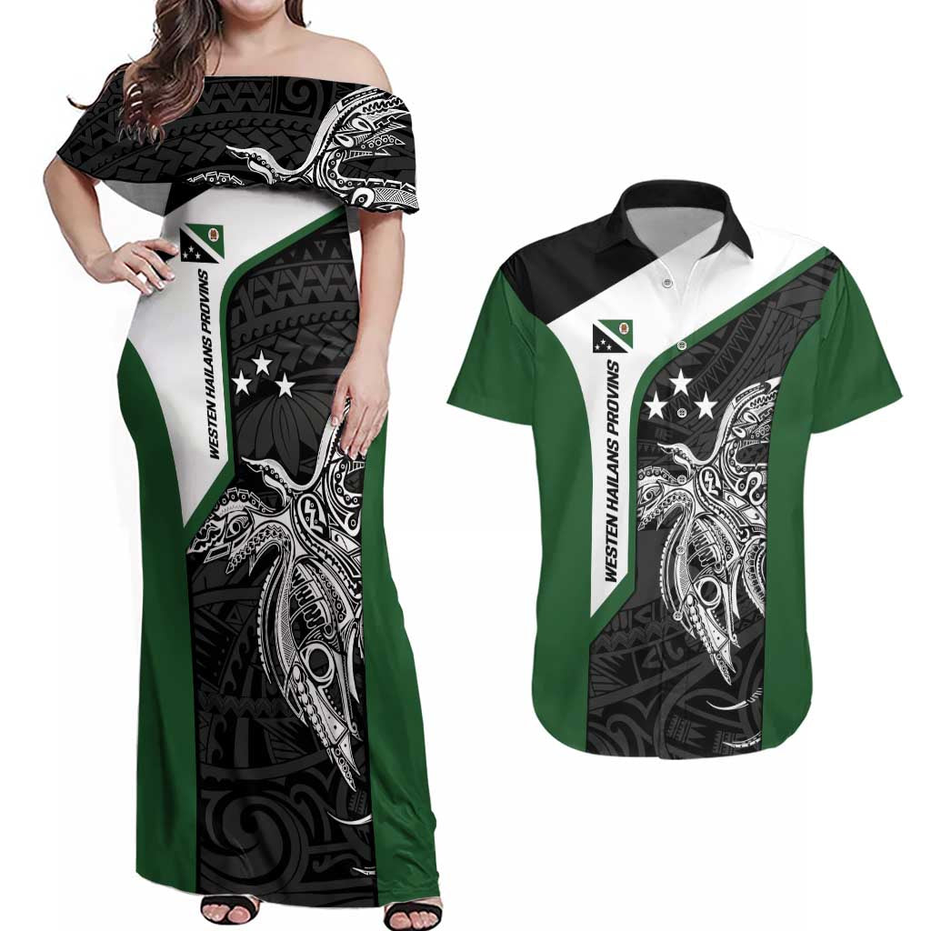 Personalised PNG Western Highlands Province Couples Matching Off Shoulder Maxi Dress and Hawaiian Shirt Bird of Paradise Tattoo Flag Motif - Polynesian Pride