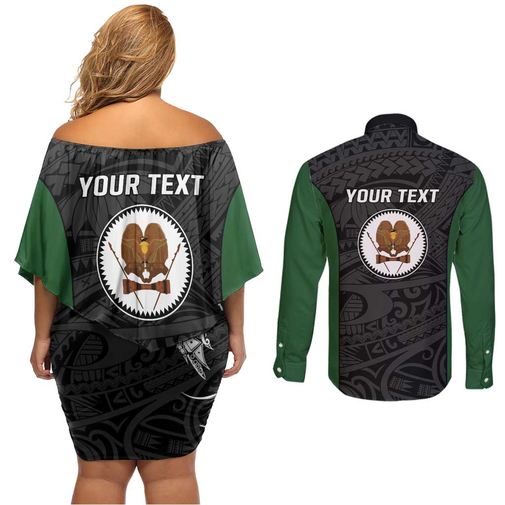 Personalised PNG Western Highlands Province Couples Matching Off Shoulder Short Dress and Long Sleeve Button Shirt Bird of Paradise Tattoo Flag Motif - Polynesian Pride