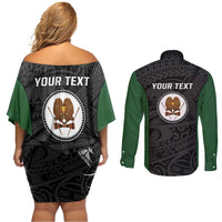 Personalised PNG Western Highlands Province Couples Matching Off Shoulder Short Dress and Long Sleeve Button Shirt Bird of Paradise Tattoo Flag Motif - Polynesian Pride