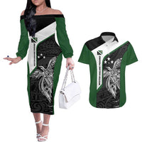 Personalised PNG Western Highlands Province Couples Matching Off The Shoulder Long Sleeve Dress and Hawaiian Shirt Bird of Paradise Tattoo Flag Motif - Polynesian Pride