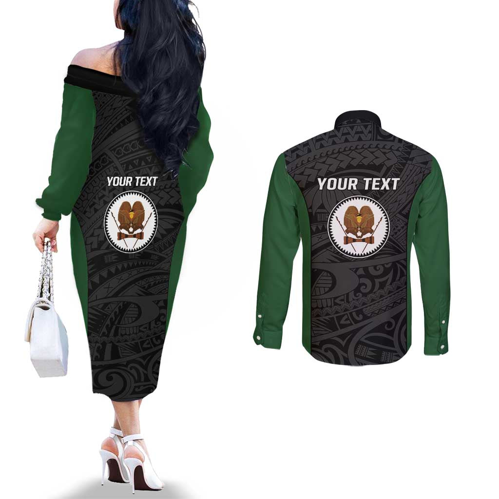 Personalised PNG Western Highlands Province Couples Matching Off The Shoulder Long Sleeve Dress and Long Sleeve Button Shirt Bird of Paradise Tattoo Flag Motif - Polynesian Pride