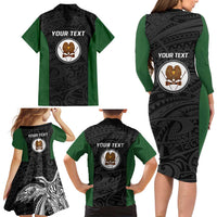 Personalised PNG Western Highlands Province Family Matching Long Sleeve Bodycon Dress and Hawaiian Shirt Bird of Paradise Tattoo Flag Motif - Polynesian Pride