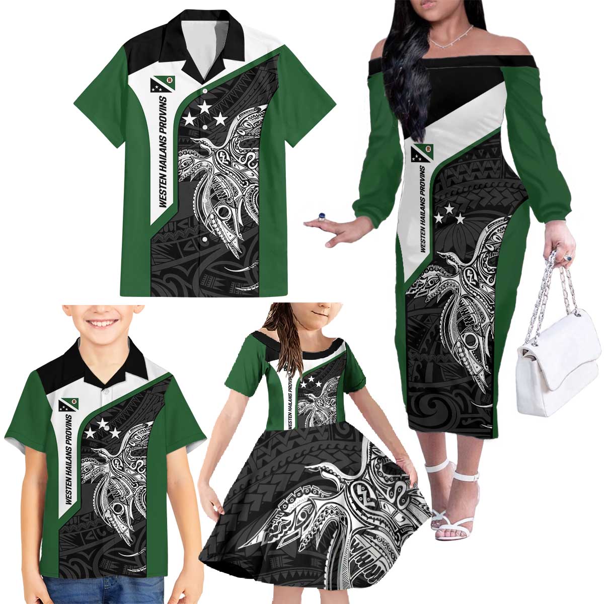 Personalised PNG Western Highlands Province Family Matching Off The Shoulder Long Sleeve Dress and Hawaiian Shirt Bird of Paradise Tattoo Flag Motif - Polynesian Pride