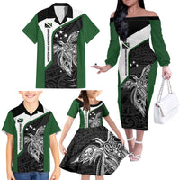 Personalised PNG Western Highlands Province Family Matching Off The Shoulder Long Sleeve Dress and Hawaiian Shirt Bird of Paradise Tattoo Flag Motif - Polynesian Pride