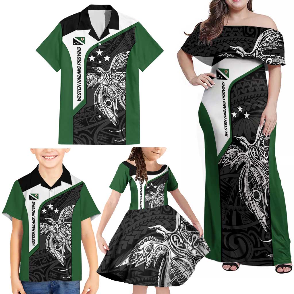 Personalised PNG Western Highlands Province Family Matching Off Shoulder Maxi Dress and Hawaiian Shirt Bird of Paradise Tattoo Flag Motif - Polynesian Pride