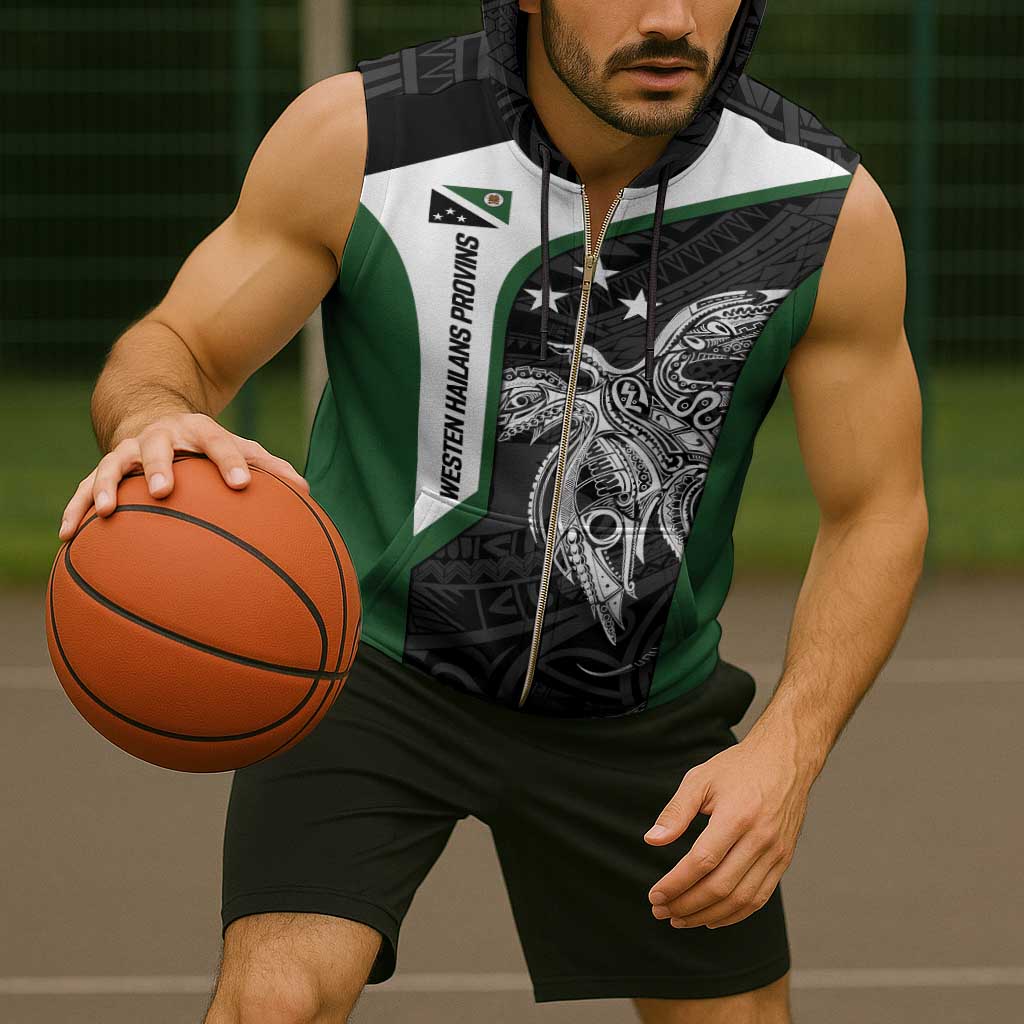 Personalised PNG Western Highlands Province Sleeveless Zip Hoodie Bird of Paradise Tattoo Flag Motif - Polynesian Pride