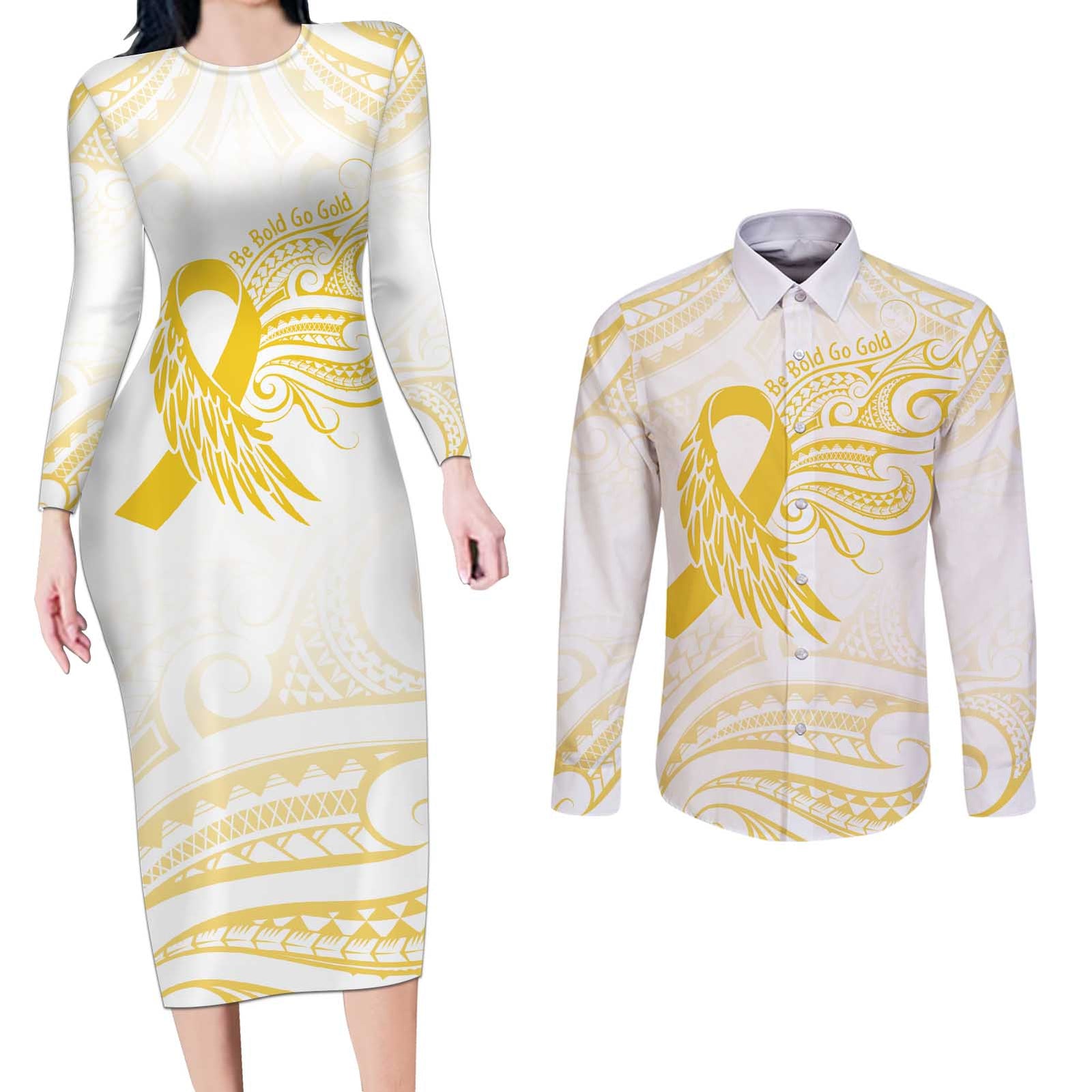 Be Bold Go Gold Polyneisan Ribbon Childhood Personalised Couples Matching Long Sleeve Bodycon Dress and Long Sleeve Button Shirt