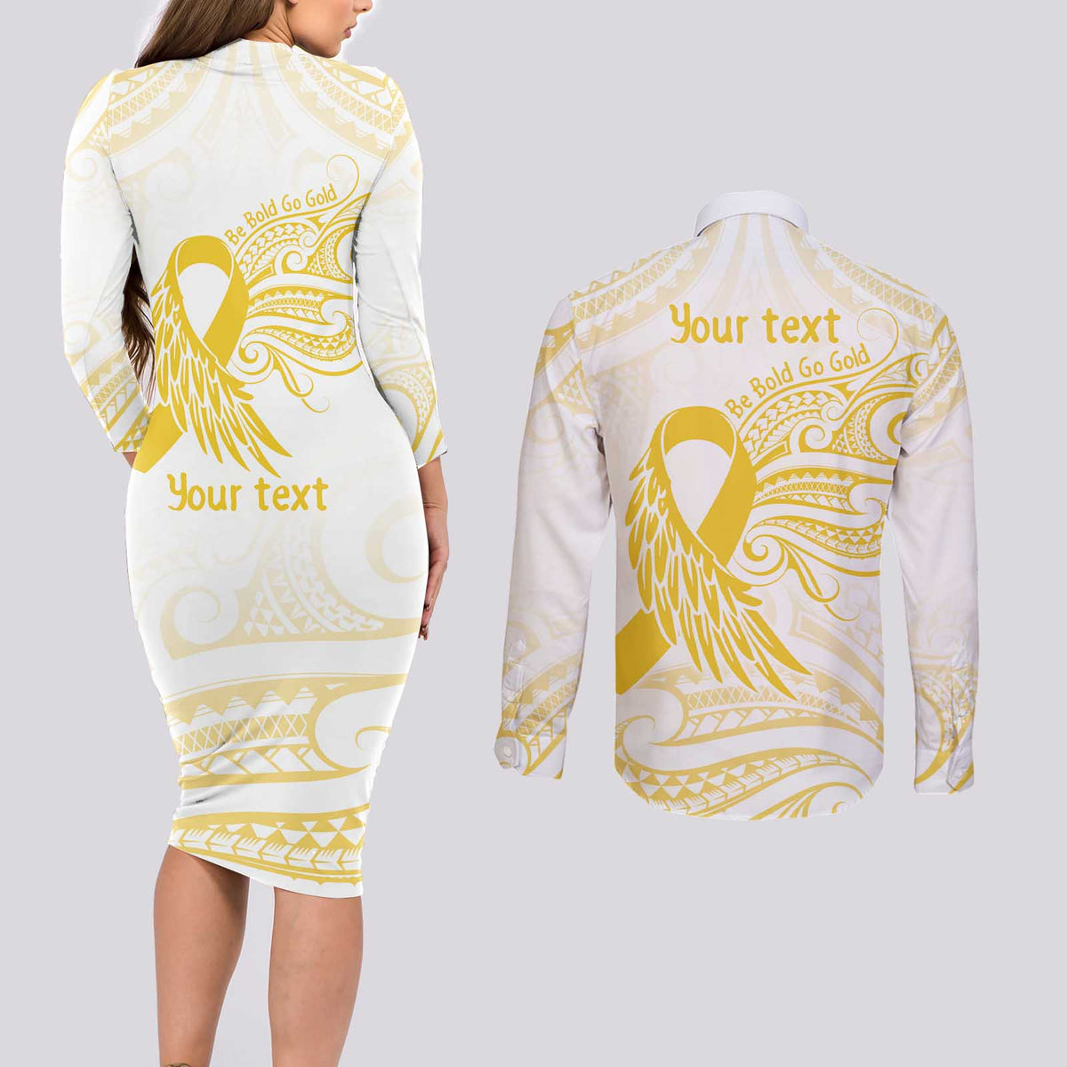 Be Bold Go Gold Polyneisan Ribbon Childhood Personalised Couples Matching Long Sleeve Bodycon Dress and Long Sleeve Button Shirt