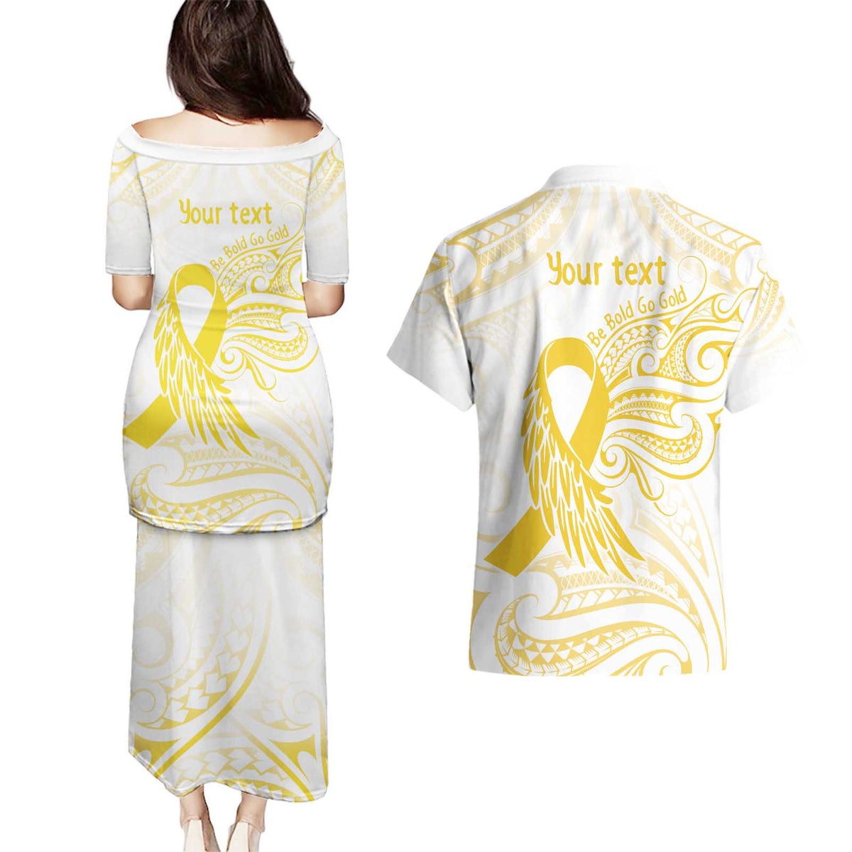 Be Bold Go Gold Polyneisan Ribbon Childhood Personalised Couples Matching Puletasi and Hawaiian Shirt